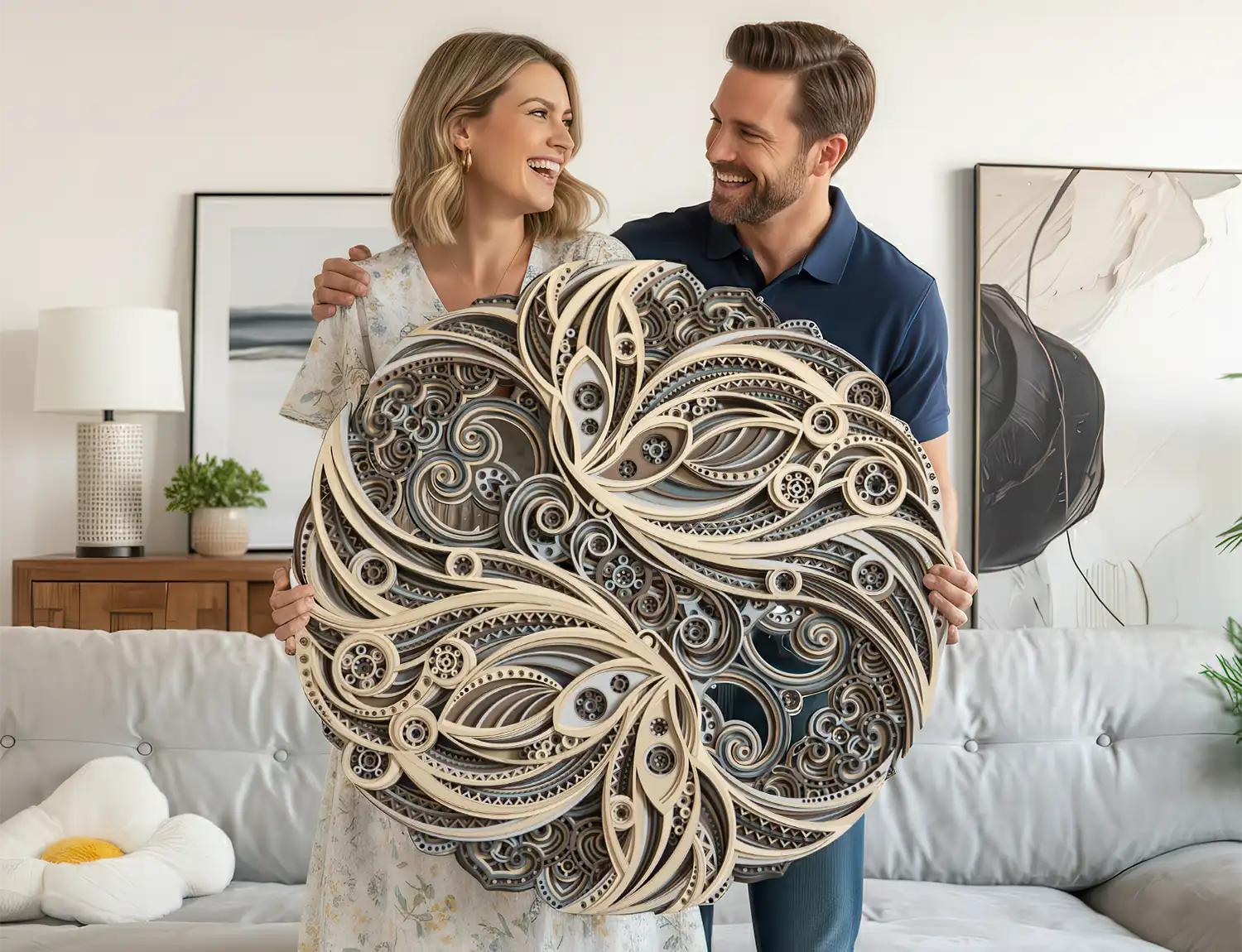 Man and woman holding a large, intricate wooden wall art piece in a living room.