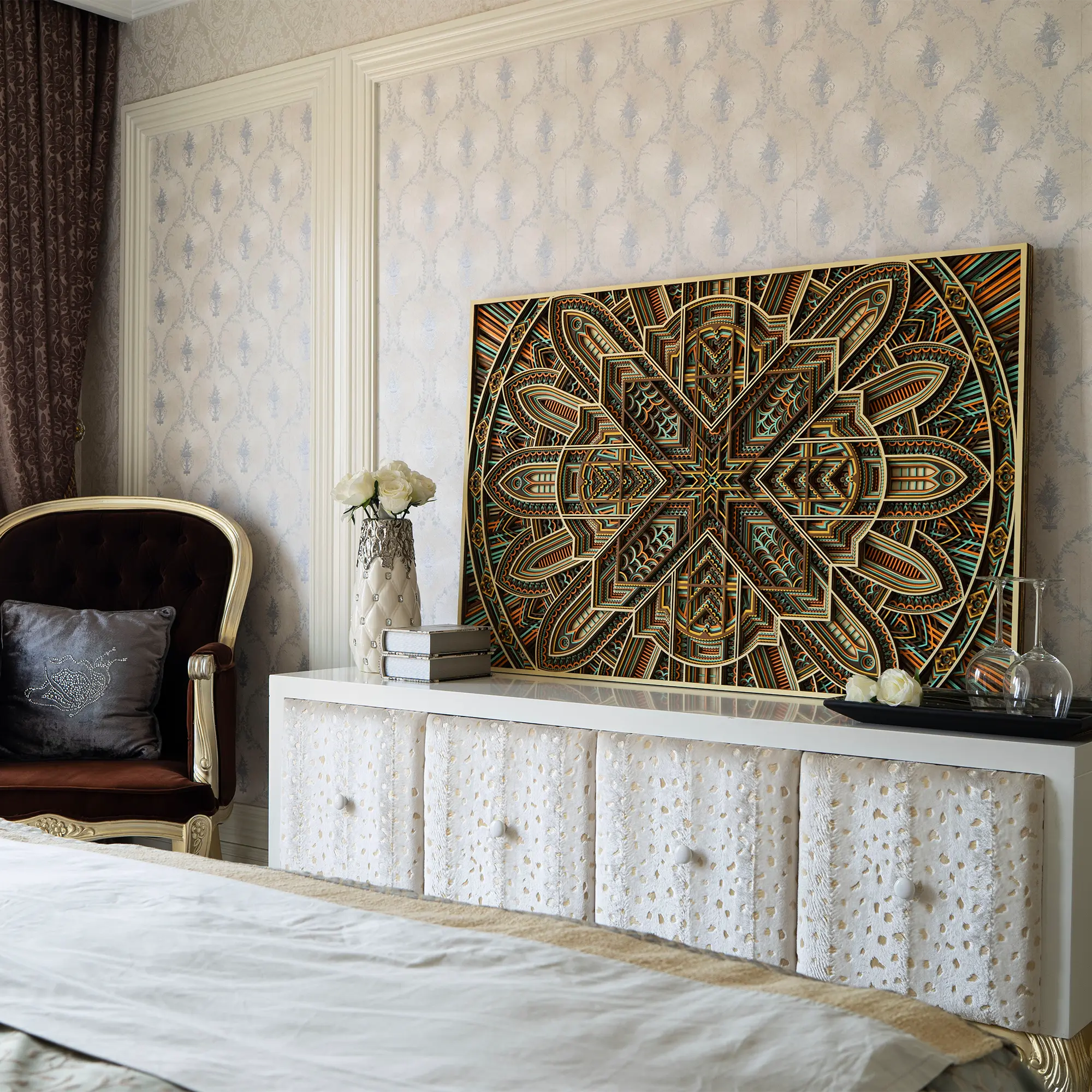 Layered wood wall art home decor display with intricate geometric design