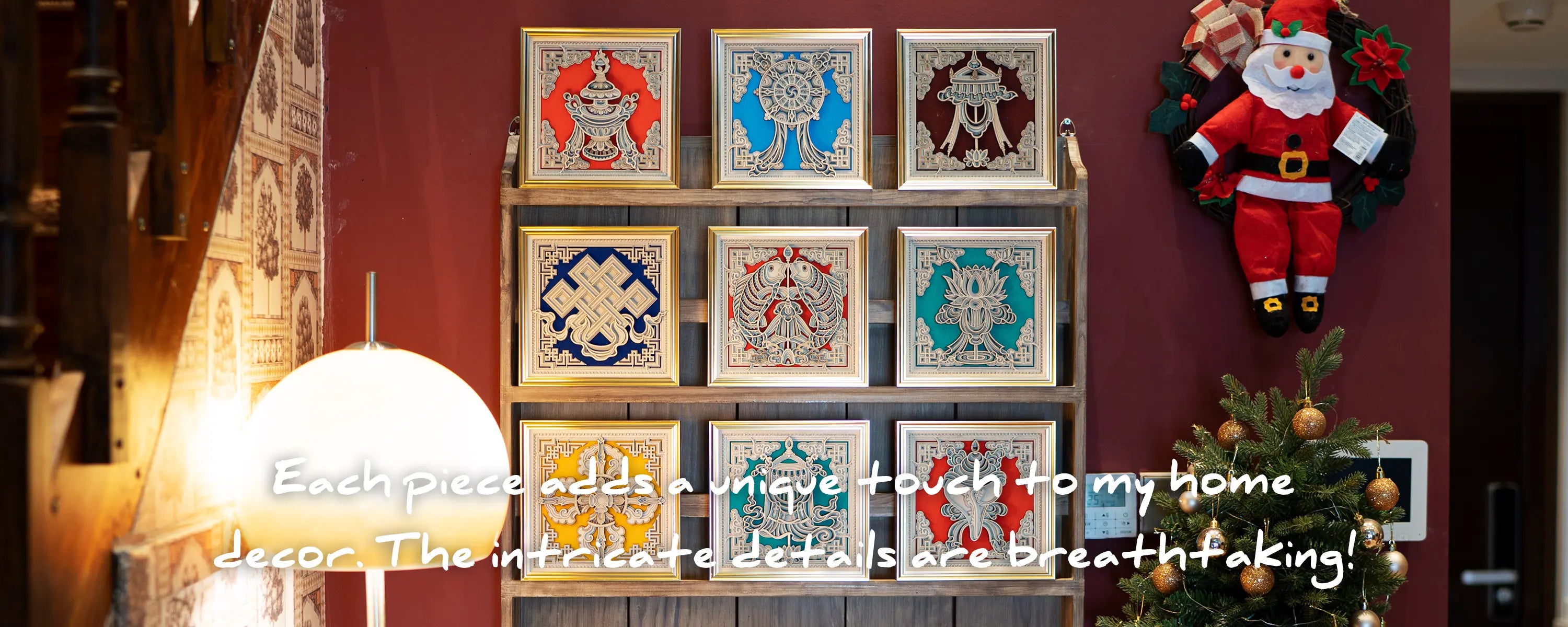 Collection of multi-color framed laser-cut wood art pieces displayed on shelves