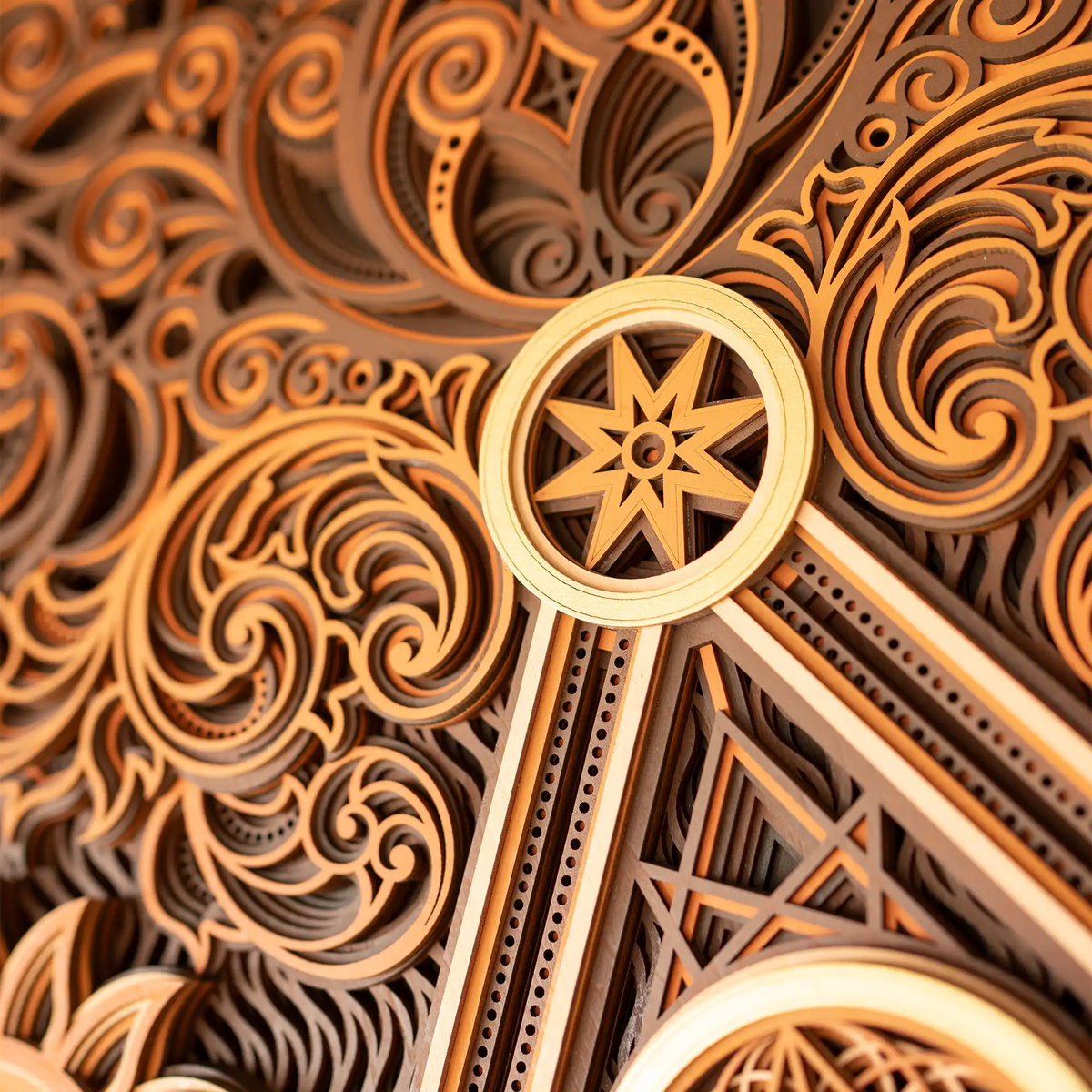 Close-up of intricate wooden design with star-like symbol