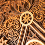Close-up of intricate wooden design with star-like symbol