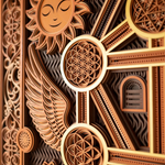 Decorative wooden design with intricate patterns and a sun-like figure.