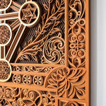 Close-up of intricate wooden carvings with geometric patterns.