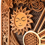 Decorative wooden panel with sun design and intricate patterns
