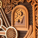 Close-up of intricate wooden cut-out design with geometric patterns