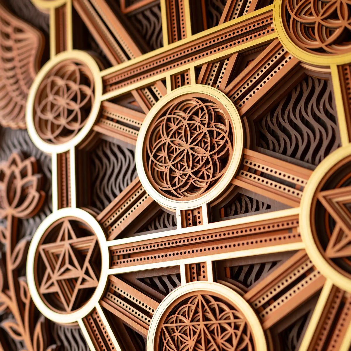 Close-up of intricate wooden geometric patterns