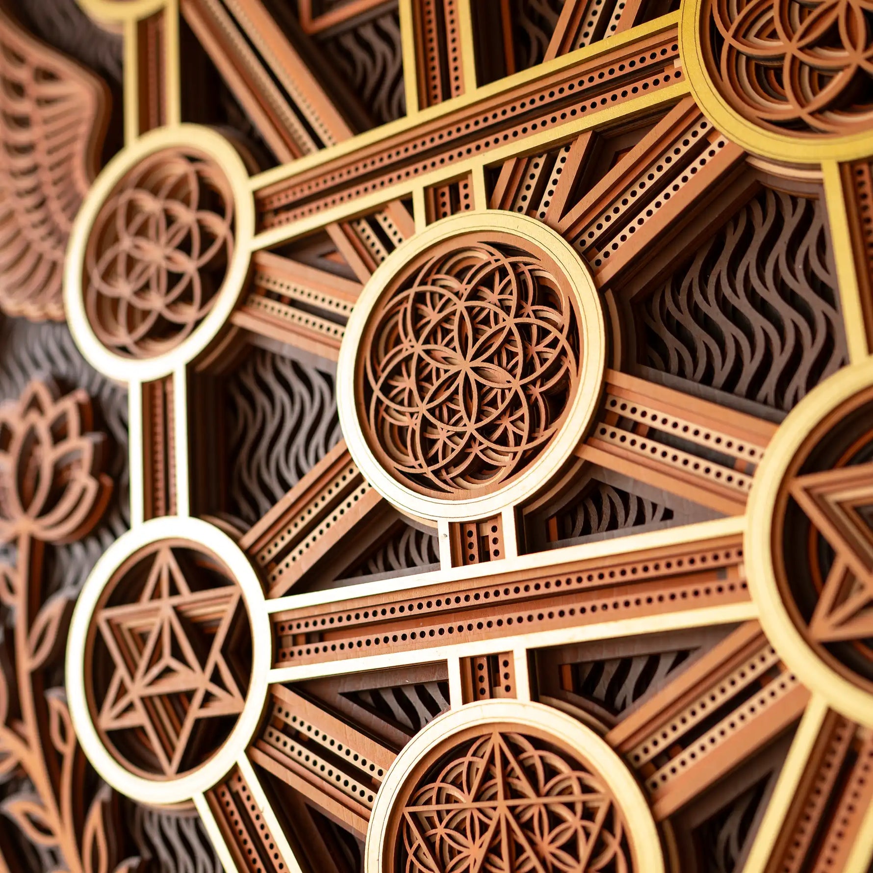 Close-up of intricate wooden geometric patterns