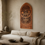 Decorative wooden wall panel above a sofa in a living room setting.
