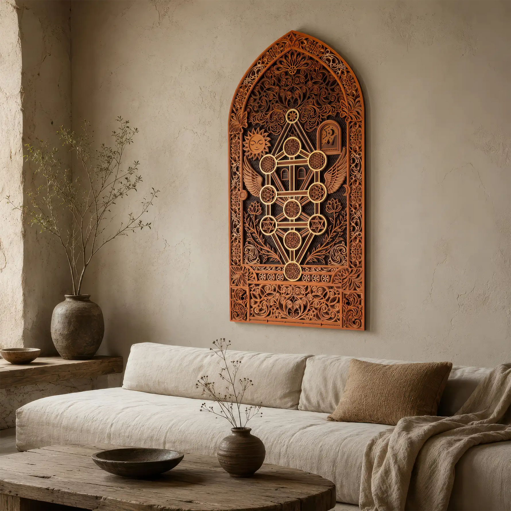 Decorative wooden wall panel above a sofa in a living room setting.