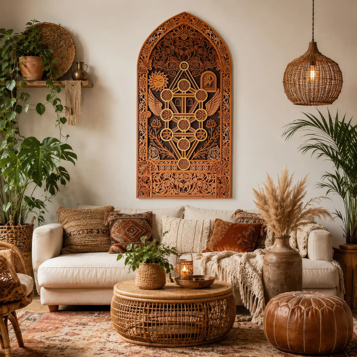 Cozy living room with decorative wall art, plants, and a textured rug.