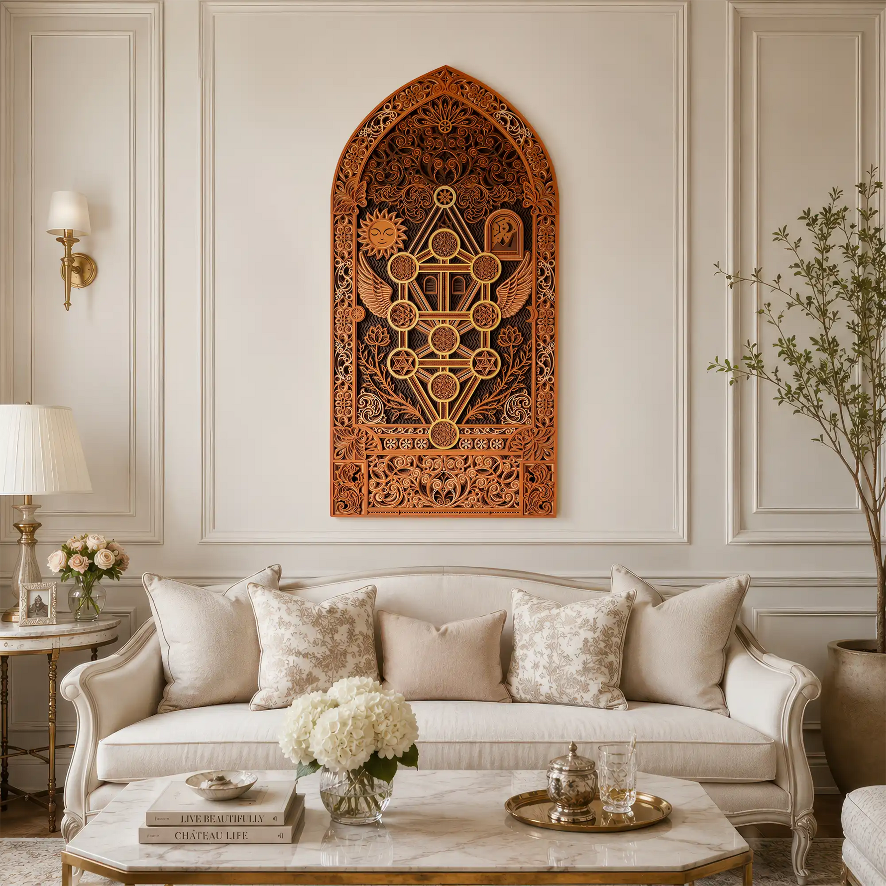 Decorative wall art above a sofa in a stylish living room.