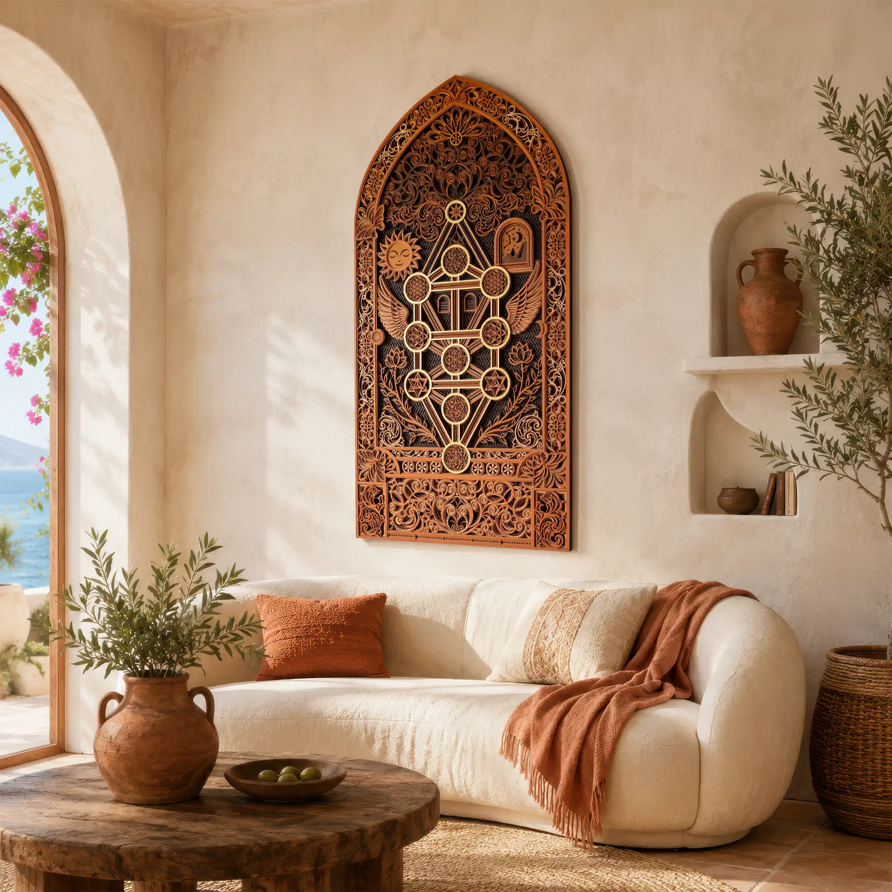 Decorative wall art above a white sofa in a sunlit room with plants and a vase.