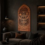 Decorative wall art piece above a sofa in a dimly lit room.