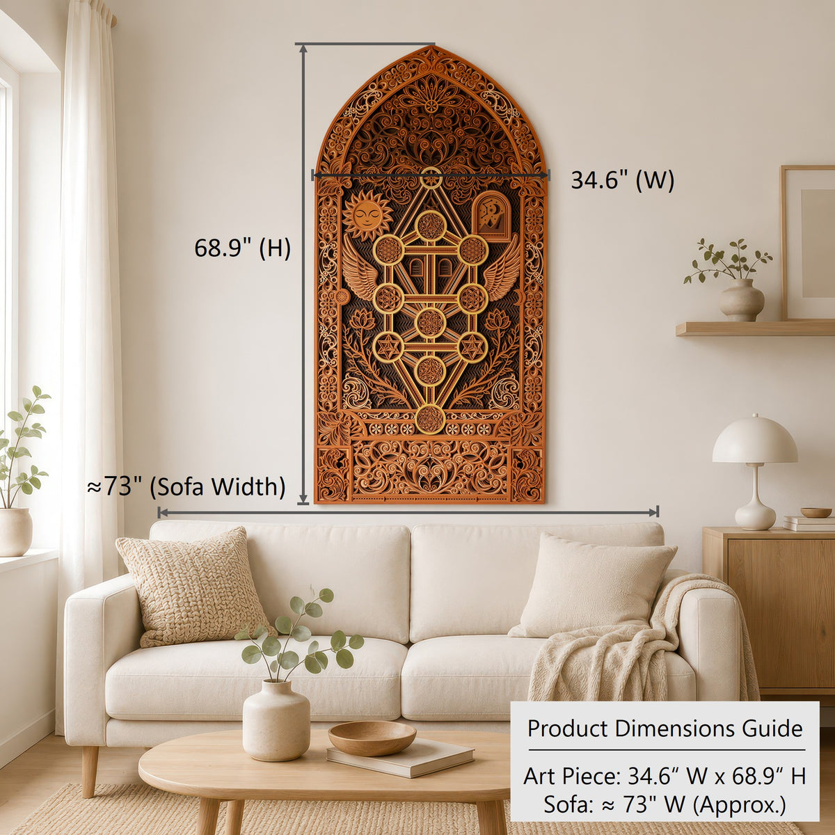 Decorative wall art piece with measurements in a living room setting