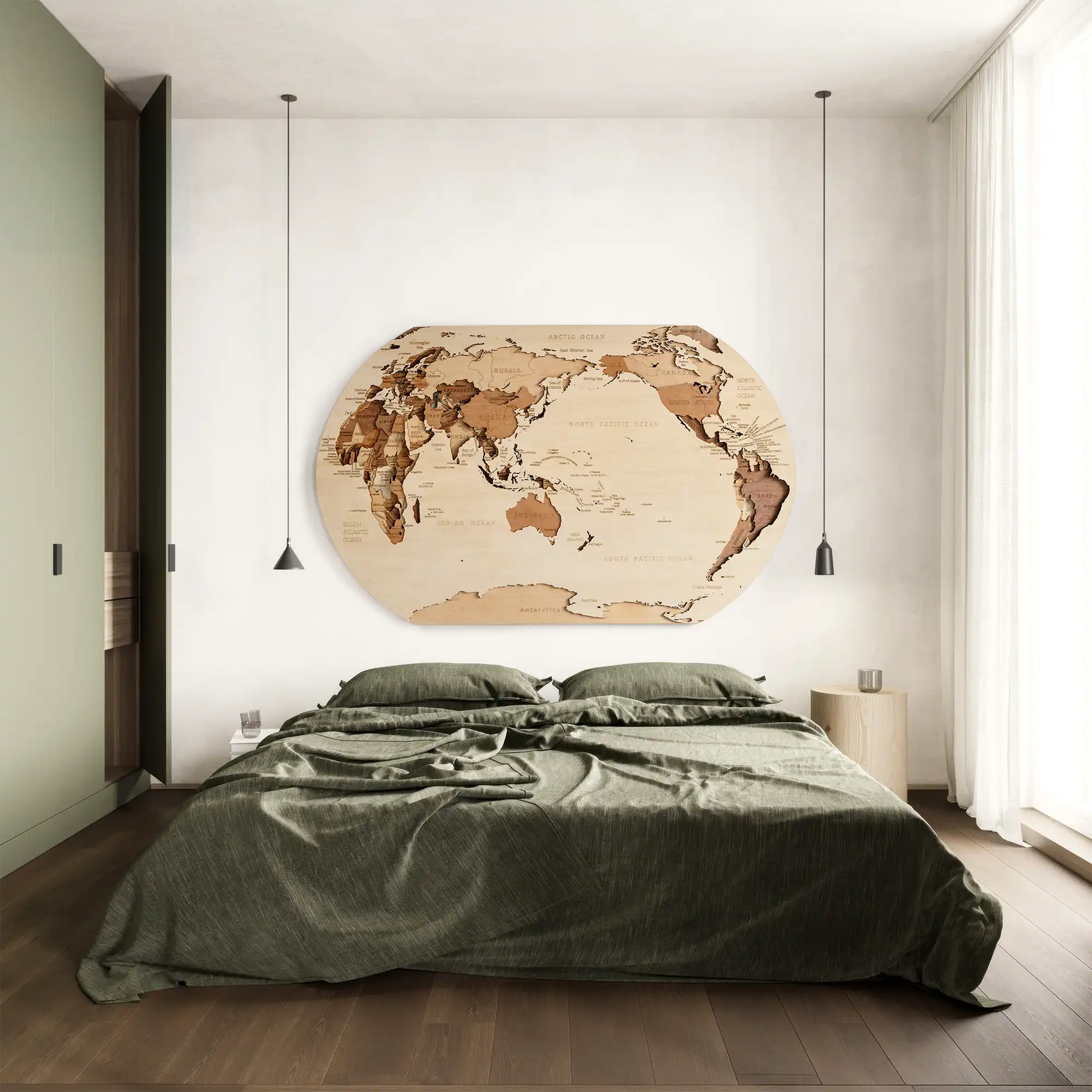 Wooden World Map bedroom