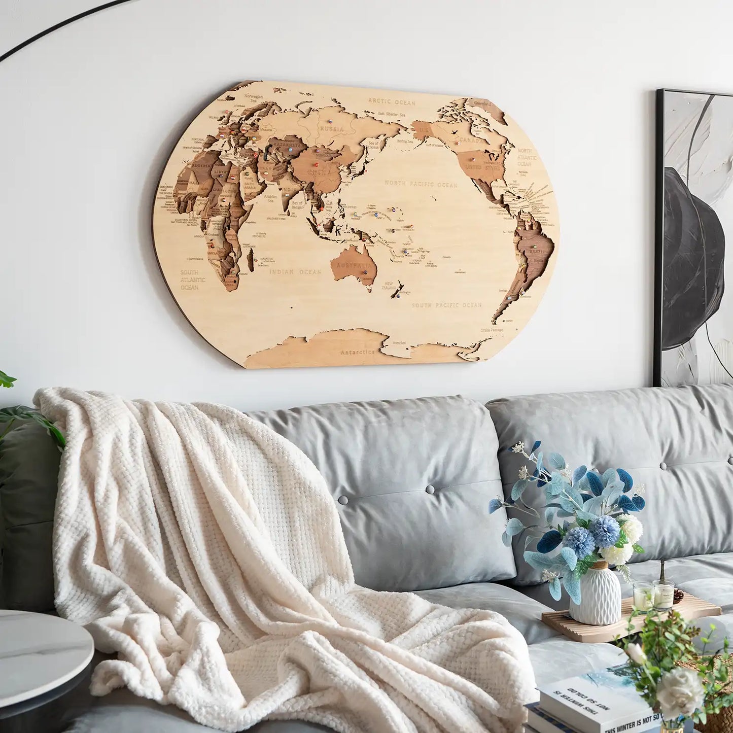 Wooden World Map elevation view